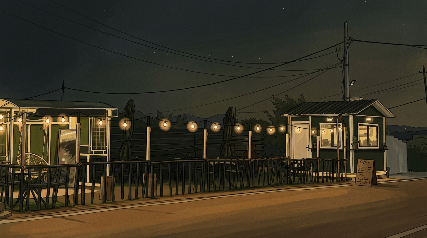 An illustrated nighttime view of Rootsica Coffee House glowing with warm lights